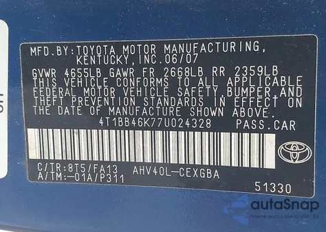 2007 Toyota Camry Hybrid z USA, uszkodzony, nr VIN 4T1BB46K77U024328